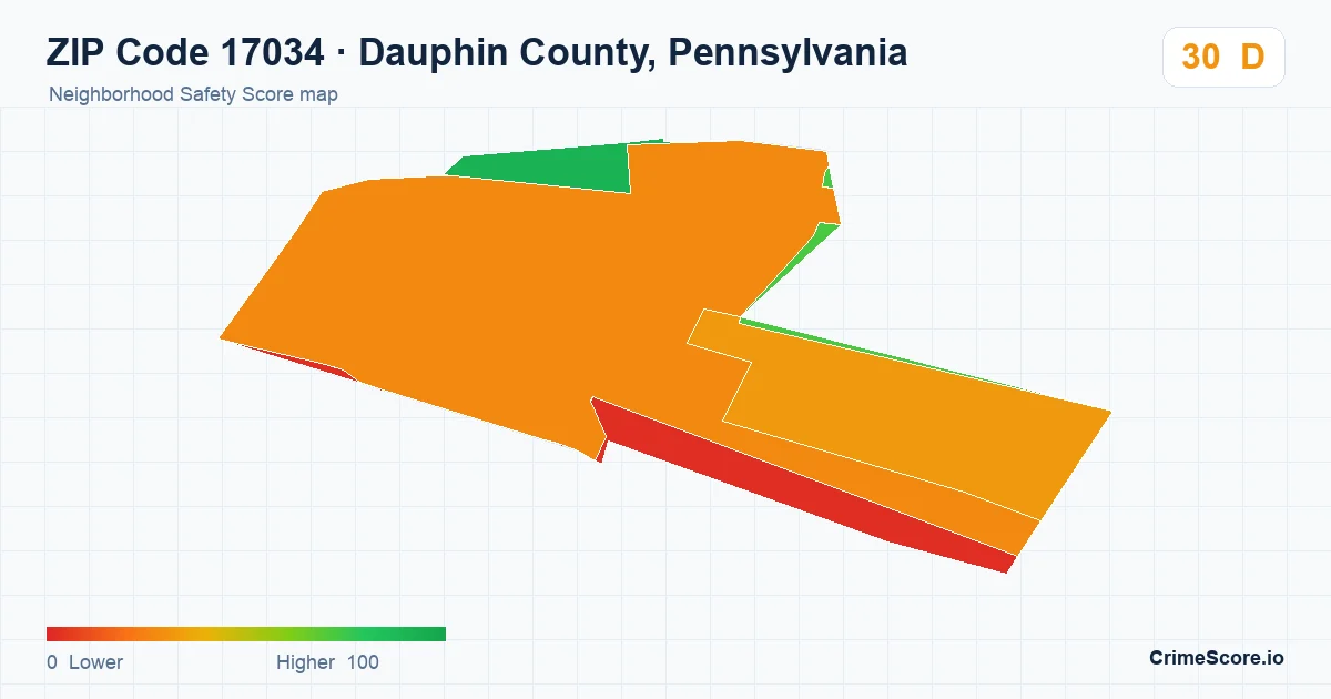 ZIP Code 17034 in Dauphin County, Pennsylvania neighborhood Safety Score map