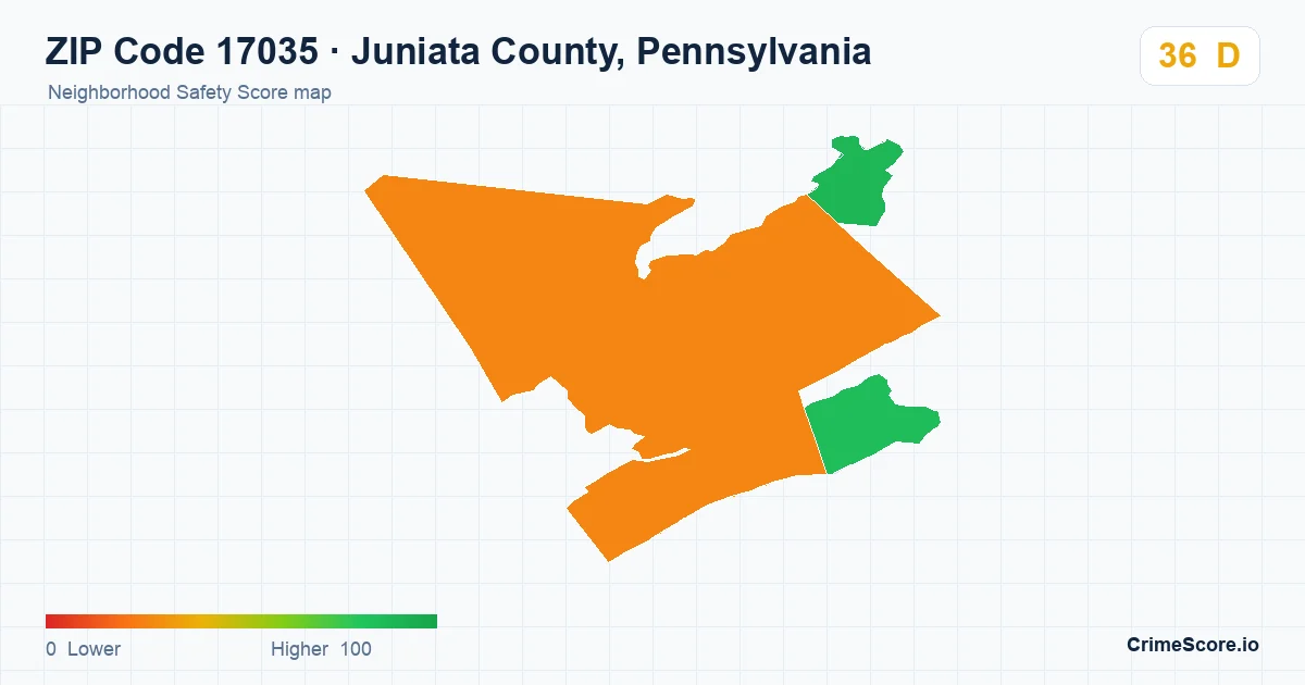 ZIP Code 17035 in Juniata County, Pennsylvania neighborhood Safety Score map