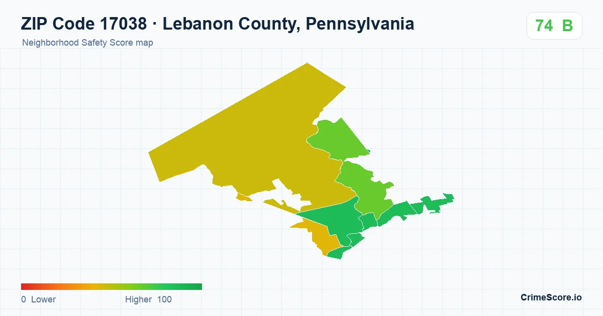 ZIP Code 17038 in Lebanon County, Pennsylvania neighborhood Safety Score map