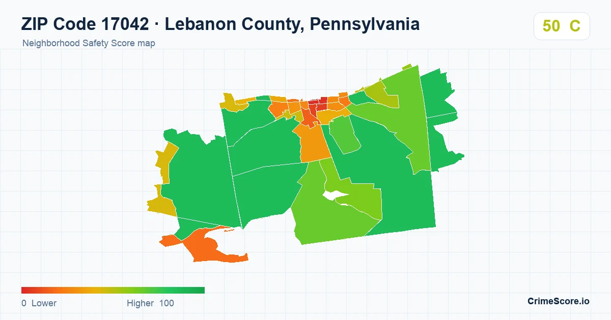 ZIP Code 17042 in Lebanon County, Pennsylvania neighborhood Safety Score map