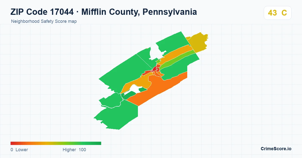 ZIP Code 17044 in Mifflin County, Pennsylvania neighborhood Safety Score map