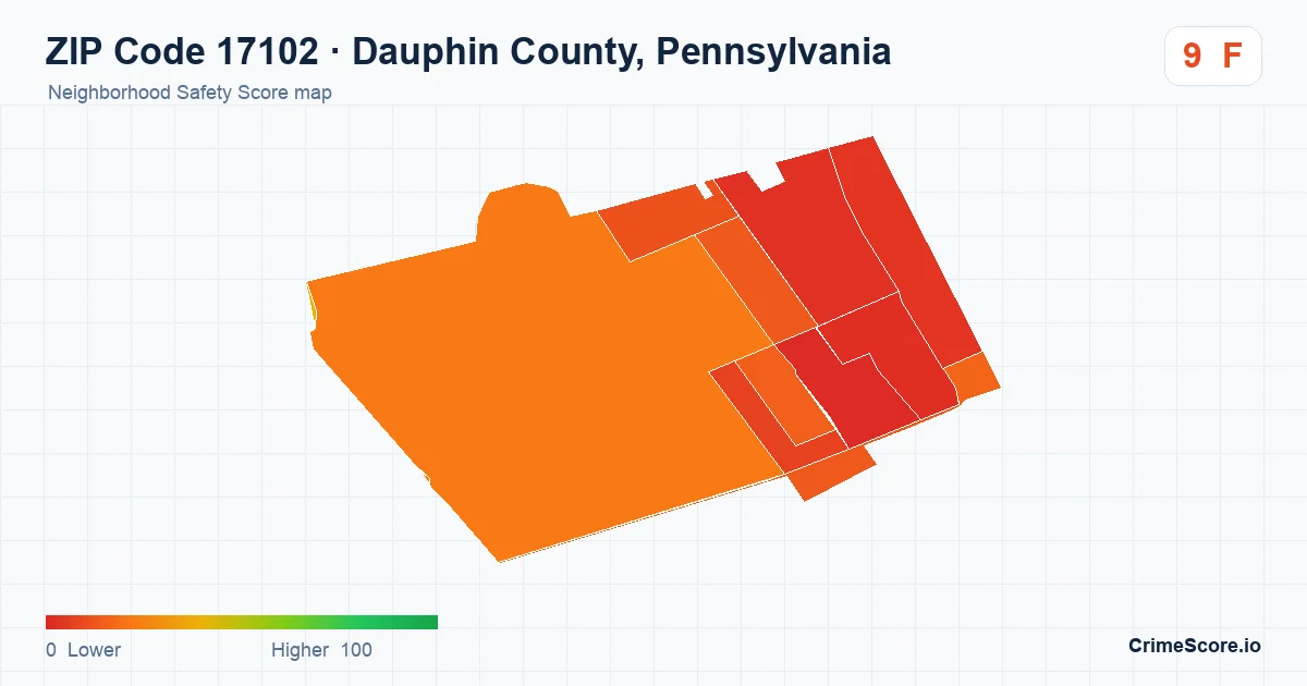 ZIP Code 17102 in Dauphin County, Pennsylvania neighborhood Safety Score map
