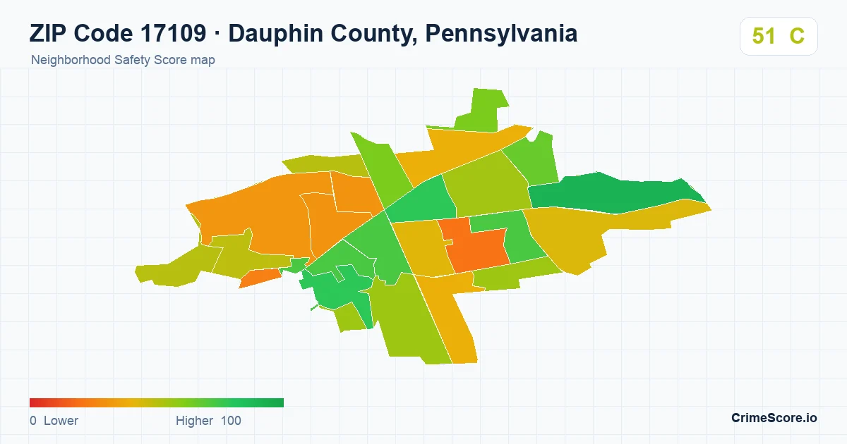 ZIP Code 17109 in Dauphin County, Pennsylvania neighborhood Safety Score map
