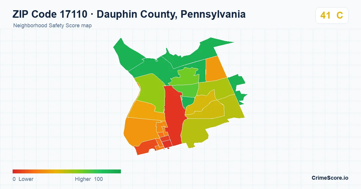 ZIP Code 17110 in Dauphin County, Pennsylvania neighborhood Safety Score map