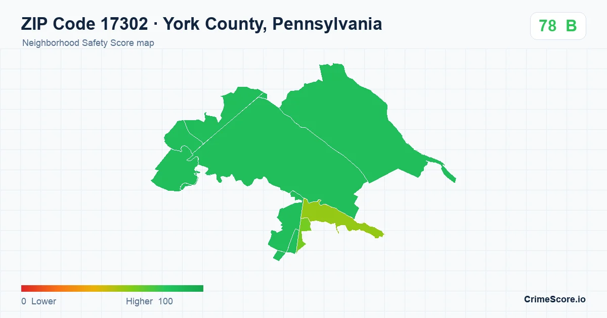 ZIP Code 17302 in York County, Pennsylvania neighborhood Safety Score map