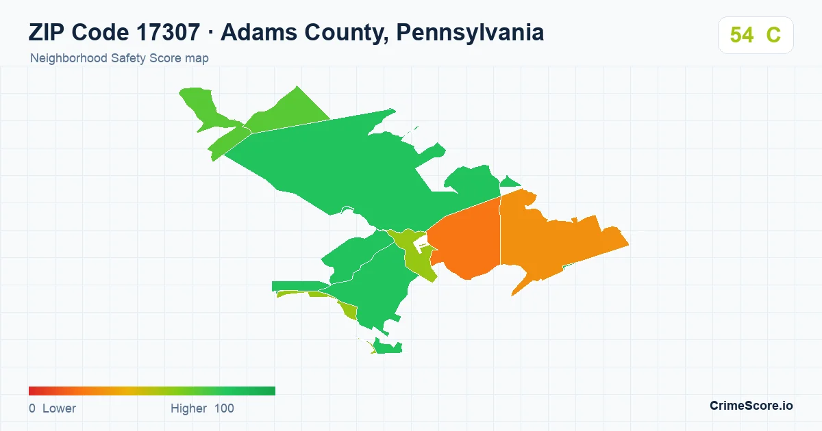 ZIP Code 17307 in Adams County, Pennsylvania neighborhood Safety Score map