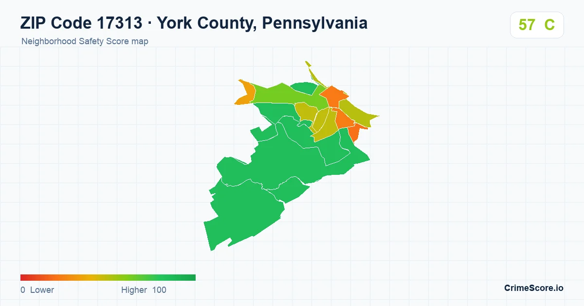 ZIP Code 17313 in York County, Pennsylvania neighborhood Safety Score map