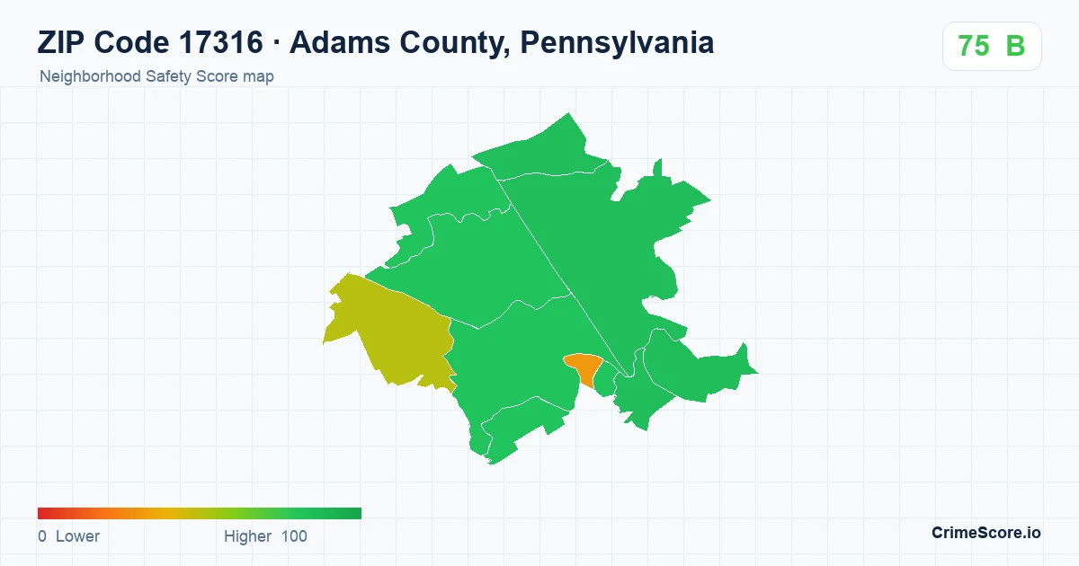 ZIP Code 17316 in Adams County, Pennsylvania neighborhood Safety Score map
