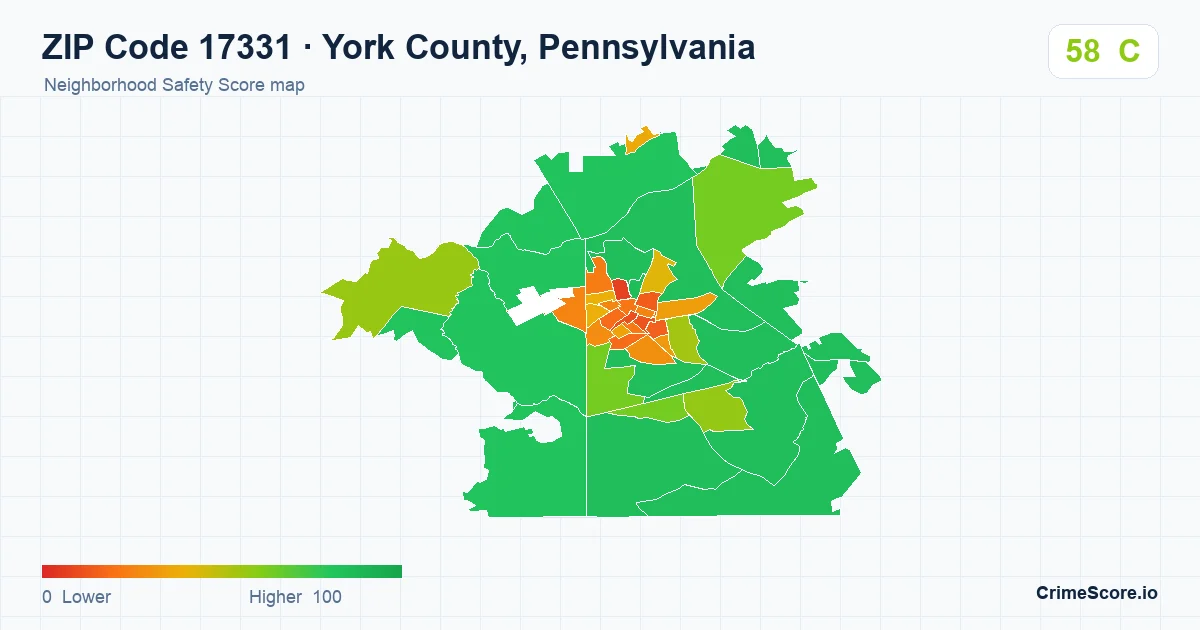 ZIP Code 17331 in York County, Pennsylvania neighborhood Safety Score map