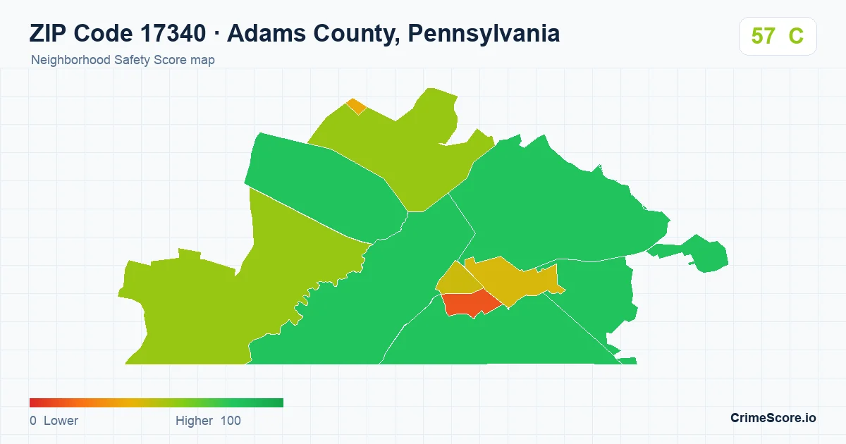 ZIP Code 17340 in Adams County, Pennsylvania neighborhood Safety Score map