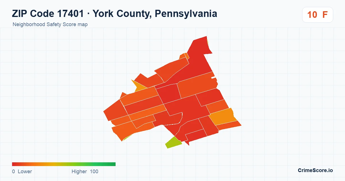 ZIP Code 17401 in York County, Pennsylvania neighborhood Safety Score map