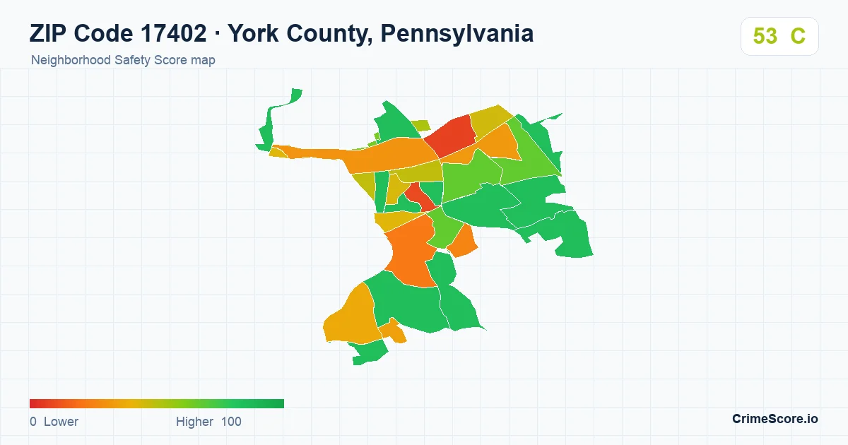 ZIP Code 17402 in York County, Pennsylvania neighborhood Safety Score map