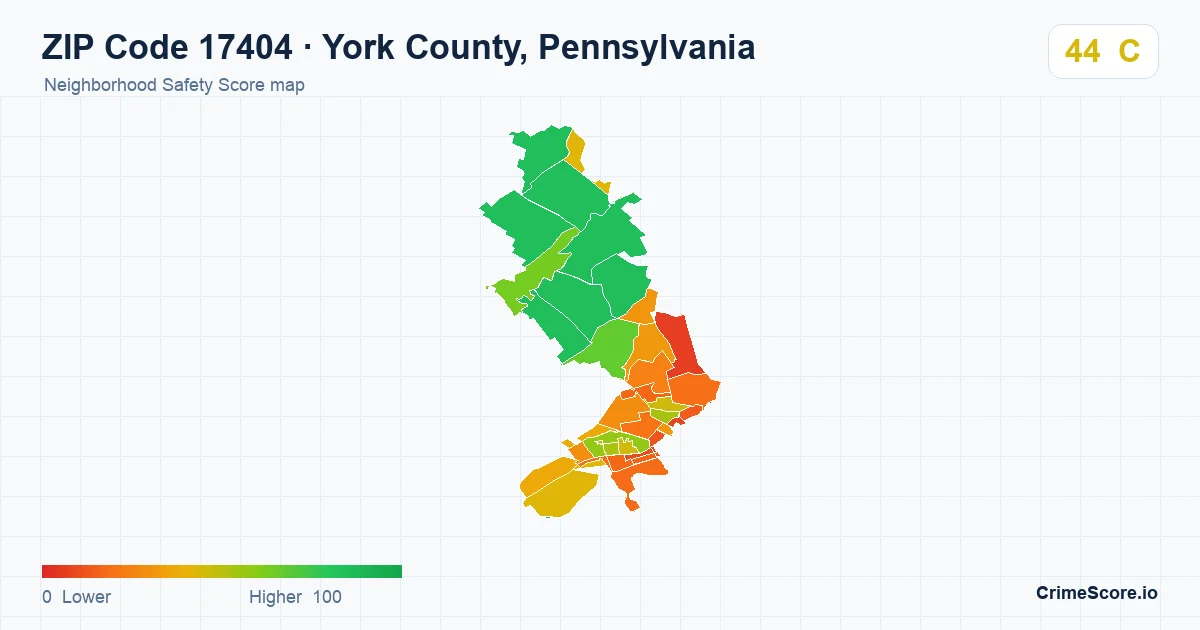 ZIP Code 17404 in York County, Pennsylvania neighborhood Safety Score map