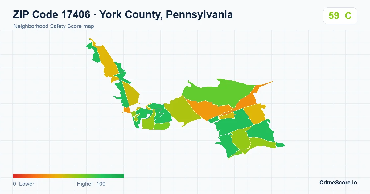 ZIP Code 17406 in York County, Pennsylvania neighborhood Safety Score map