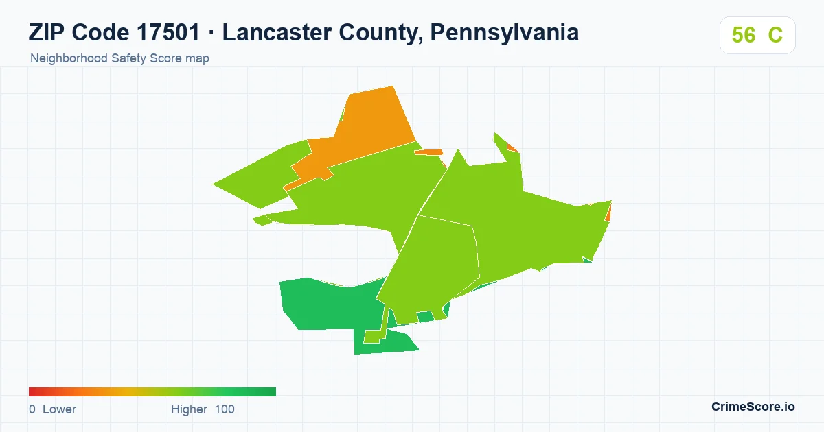 ZIP Code 17501 in Lancaster County, Pennsylvania neighborhood Safety Score map
