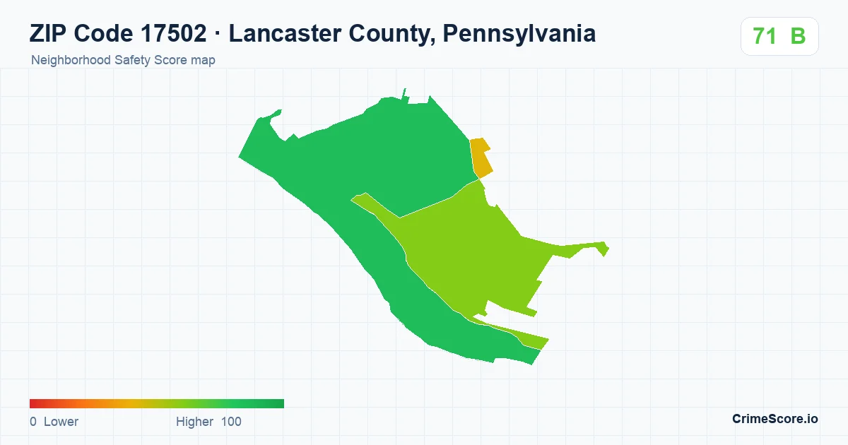 ZIP Code 17502 in Lancaster County, Pennsylvania neighborhood Safety Score map