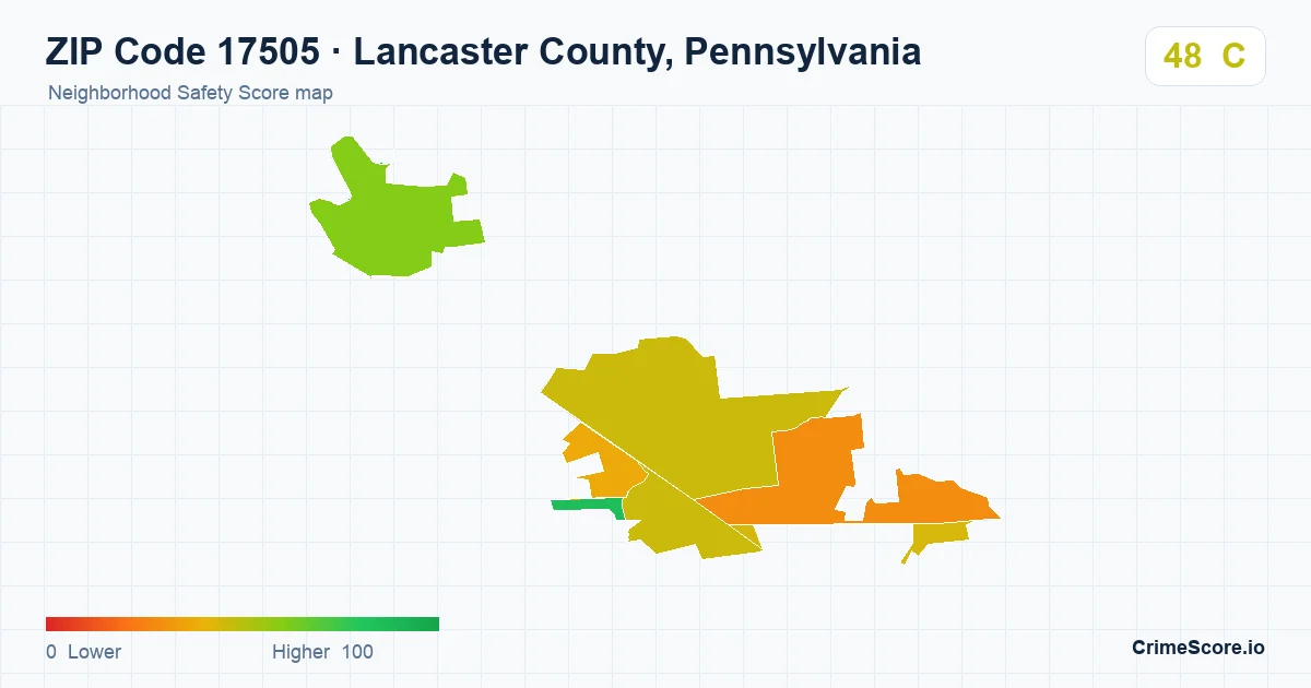 ZIP Code 17505 in Lancaster County, Pennsylvania neighborhood Safety Score map