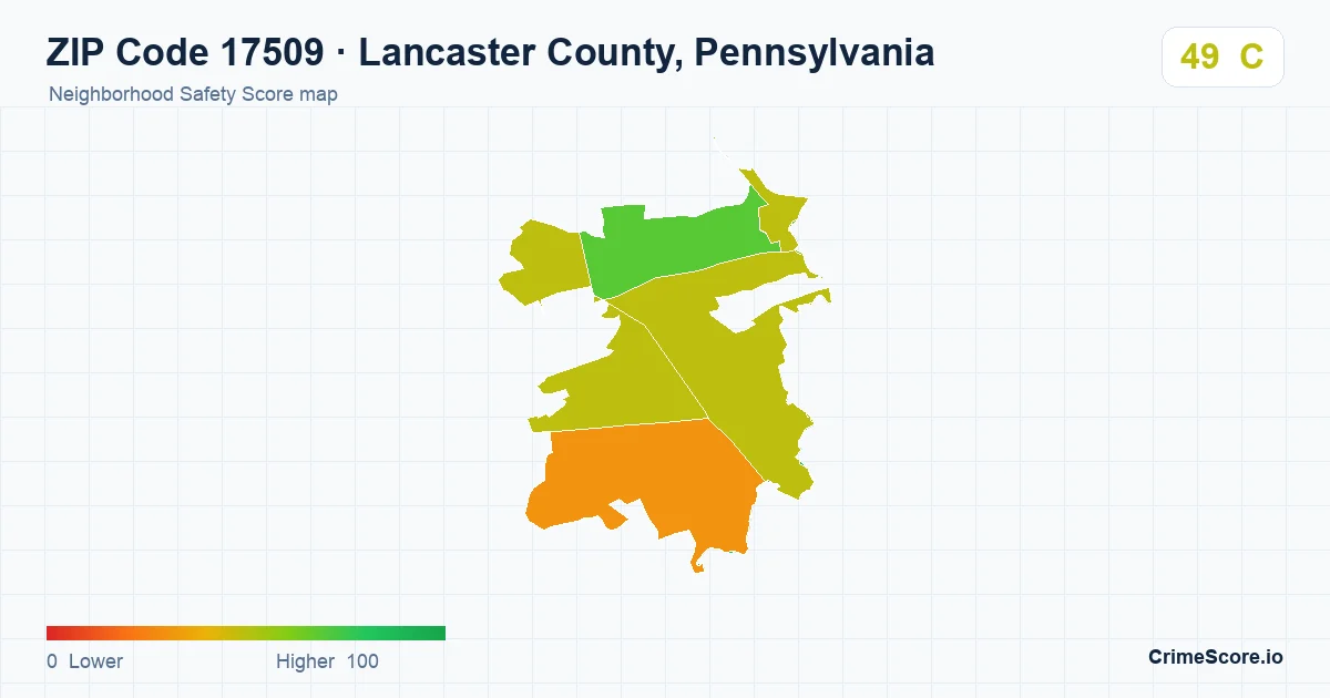ZIP Code 17509 in Lancaster County, Pennsylvania neighborhood Safety Score map