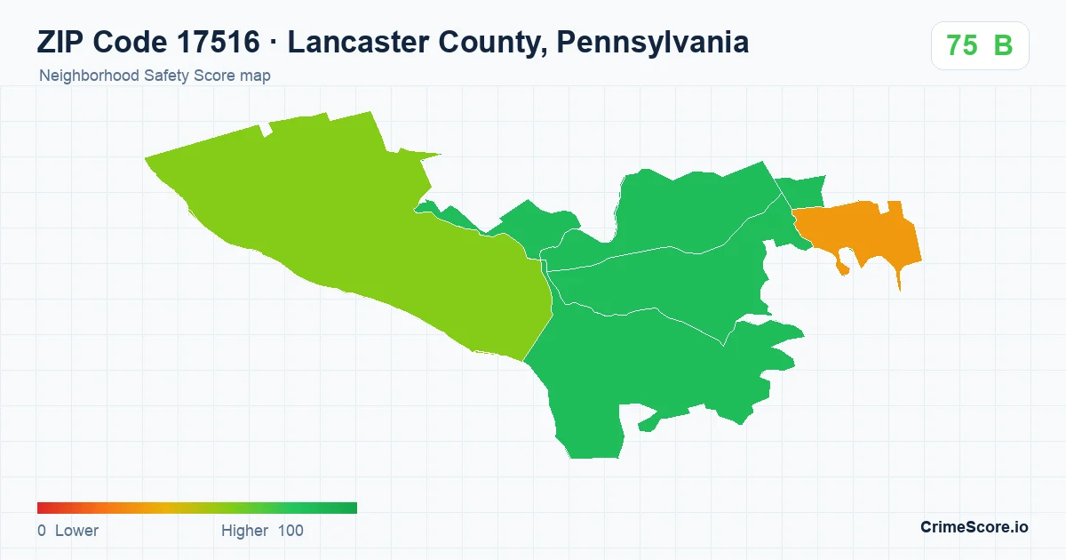 ZIP Code 17516 in Lancaster County, Pennsylvania neighborhood Safety Score map
