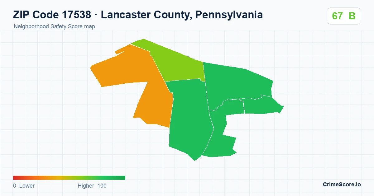 ZIP Code 17538 in Lancaster County, Pennsylvania neighborhood Safety Score map