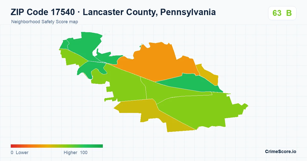 ZIP Code 17540 in Lancaster County, Pennsylvania neighborhood Safety Score map