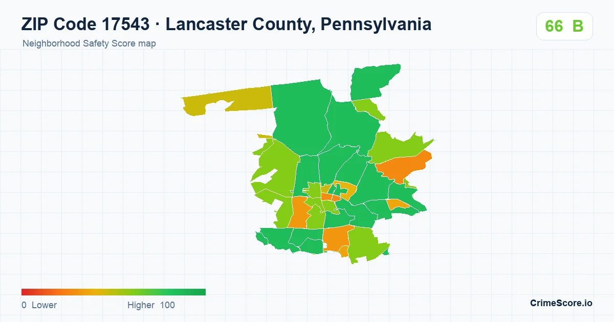 ZIP Code 17543 in Lancaster County, Pennsylvania neighborhood Safety Score map