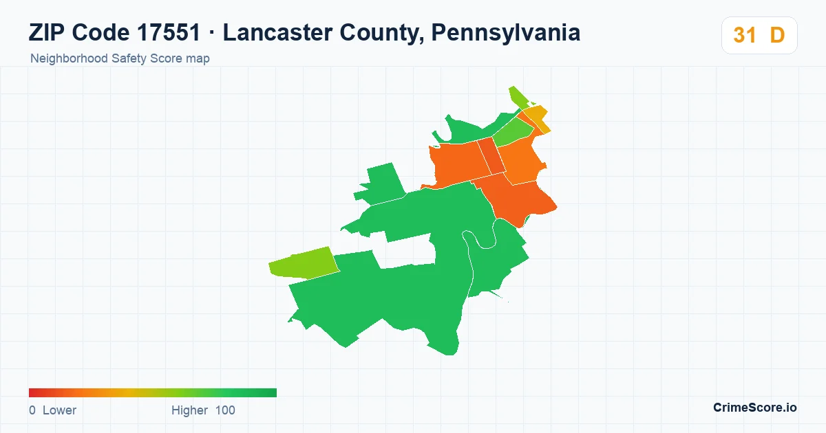 ZIP Code 17551 in Lancaster County, Pennsylvania neighborhood Safety Score map