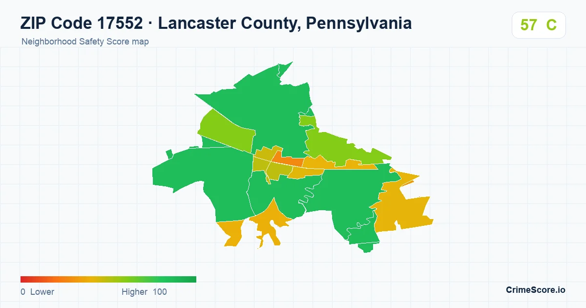 ZIP Code 17552 in Lancaster County, Pennsylvania neighborhood Safety Score map