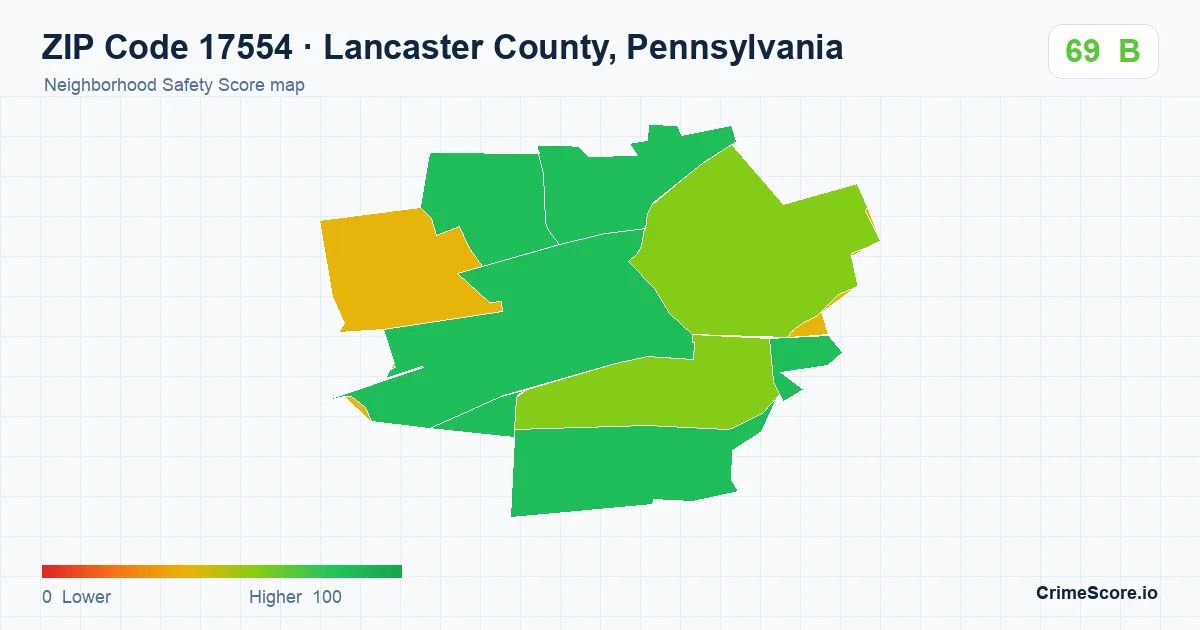 ZIP Code 17554 in Lancaster County, Pennsylvania neighborhood Safety Score map
