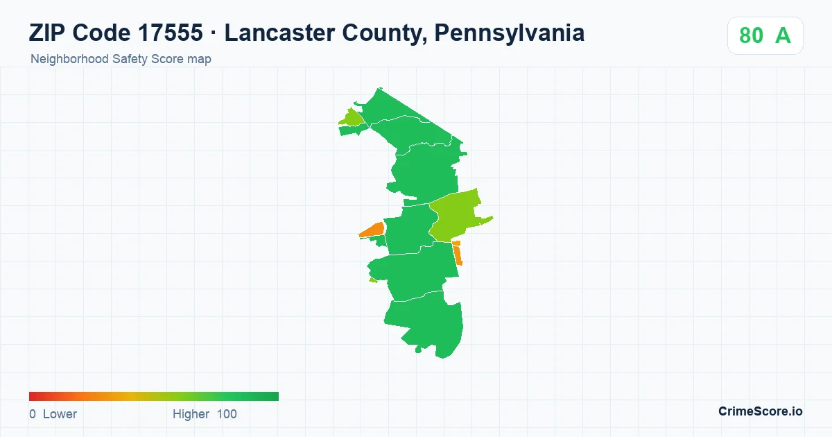 ZIP Code 17555 in Lancaster County, Pennsylvania neighborhood Safety Score map