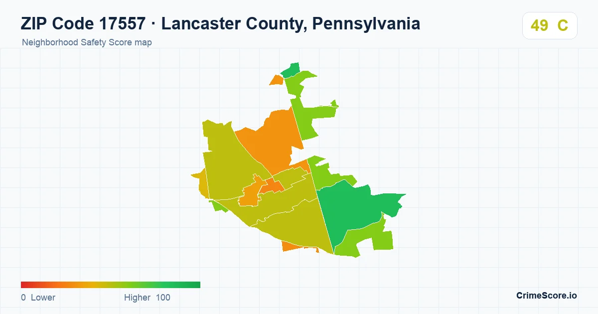 ZIP Code 17557 in Lancaster County, Pennsylvania neighborhood Safety Score map