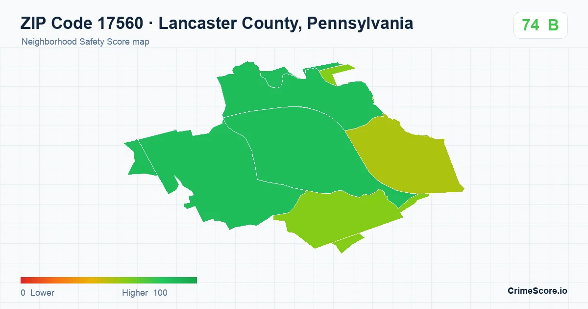 ZIP Code 17560 in Lancaster County, Pennsylvania neighborhood Safety Score map