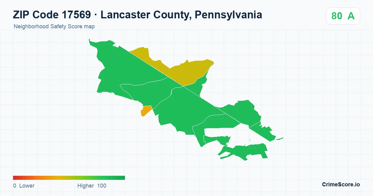 ZIP Code 17569 in Lancaster County, Pennsylvania neighborhood Safety Score map