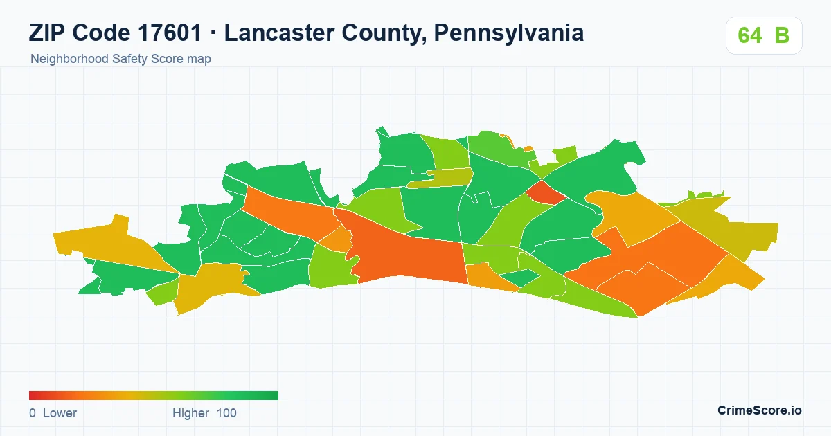 ZIP Code 17601 in Lancaster County, Pennsylvania neighborhood Safety Score map