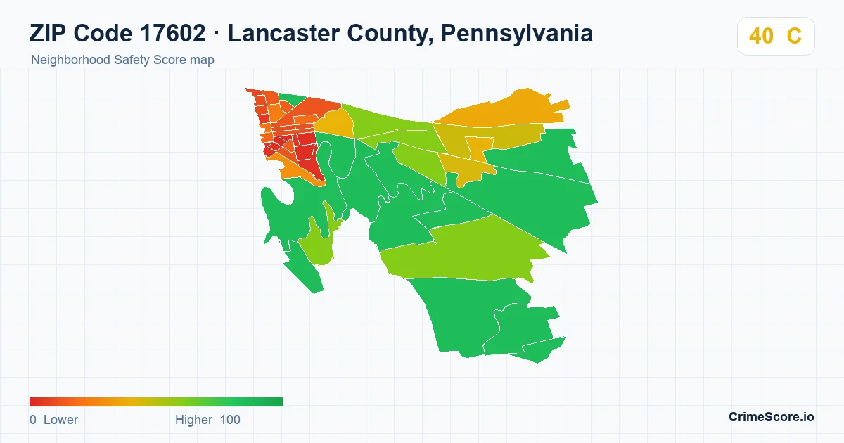 ZIP Code 17602 in Lancaster County, Pennsylvania neighborhood Safety Score map