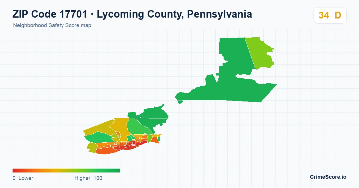 ZIP Code 17701 in Lycoming County, Pennsylvania neighborhood Safety Score map