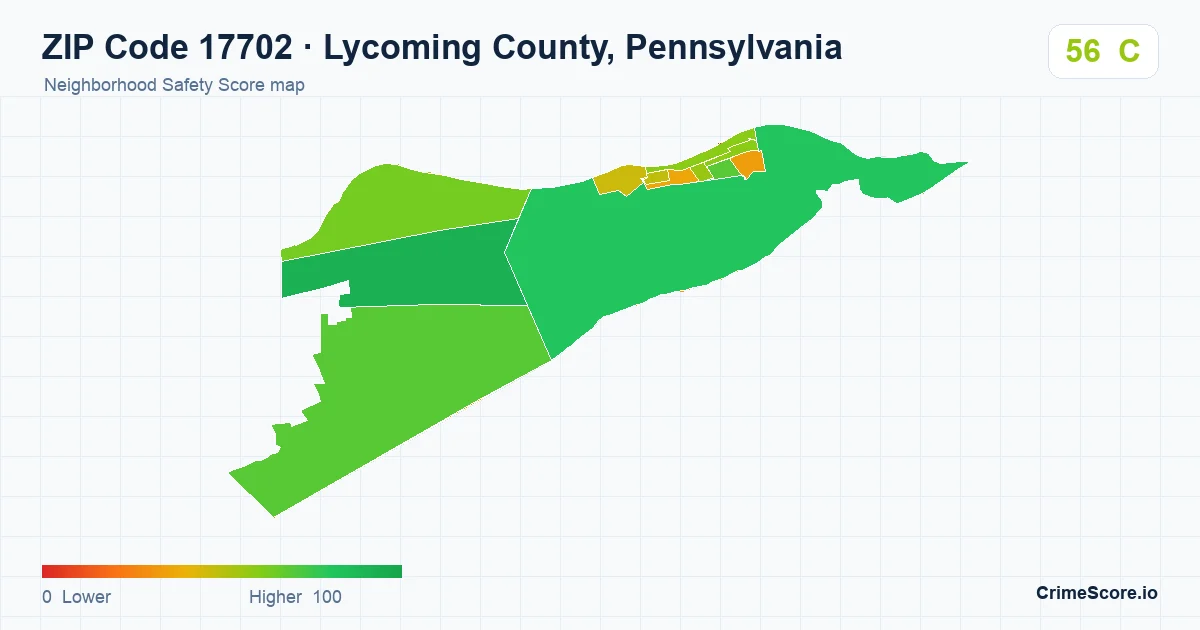 ZIP Code 17702 in Lycoming County, Pennsylvania neighborhood Safety Score map