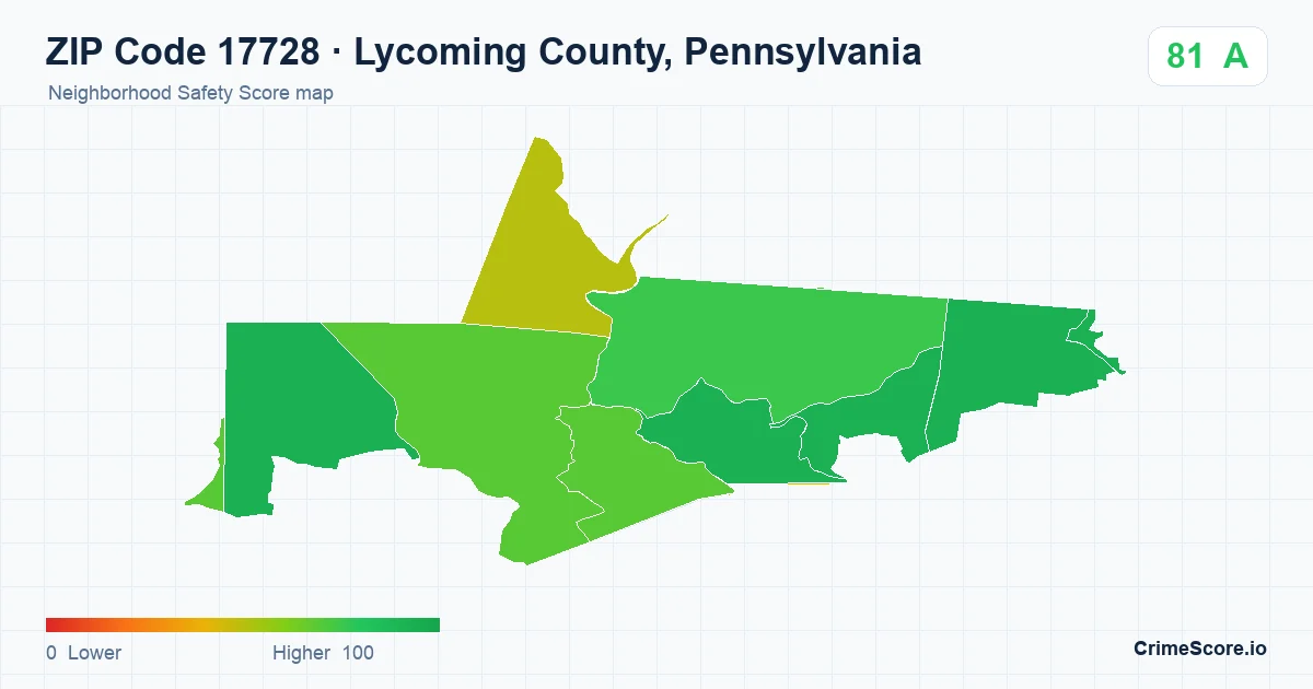 ZIP Code 17728 in Lycoming County, Pennsylvania neighborhood Safety Score map