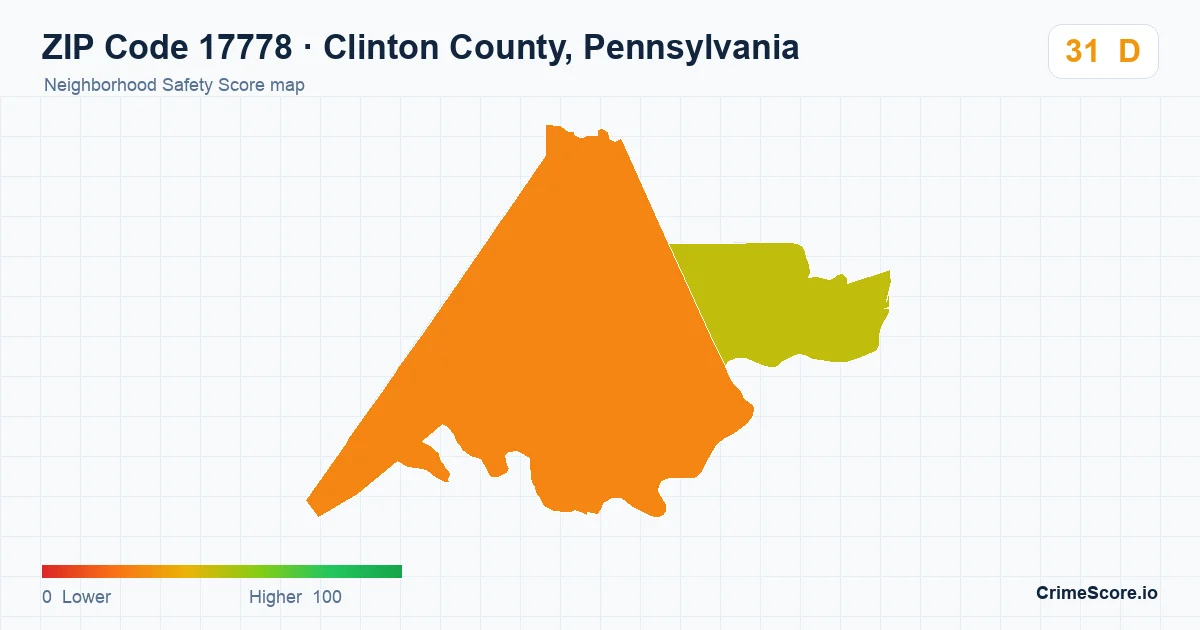 ZIP Code 17778 in Clinton County, Pennsylvania neighborhood Safety Score map