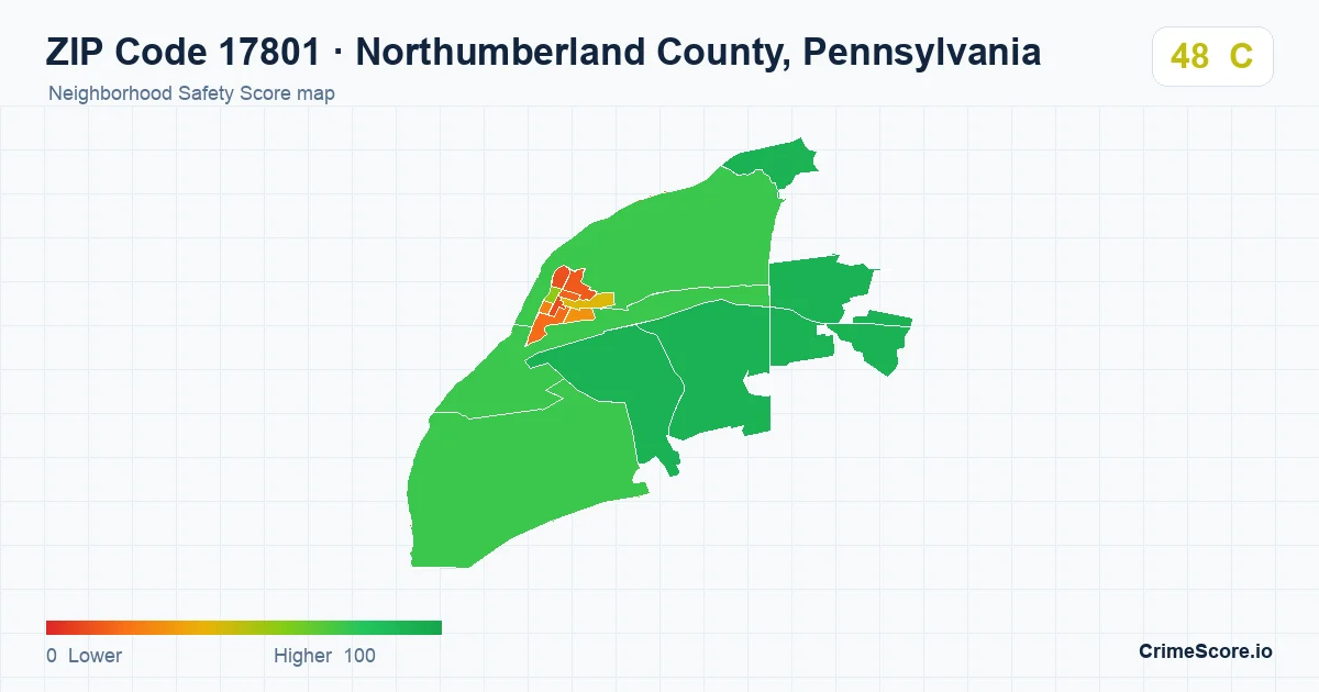 ZIP Code 17801 in Northumberland County, Pennsylvania neighborhood Safety Score map
