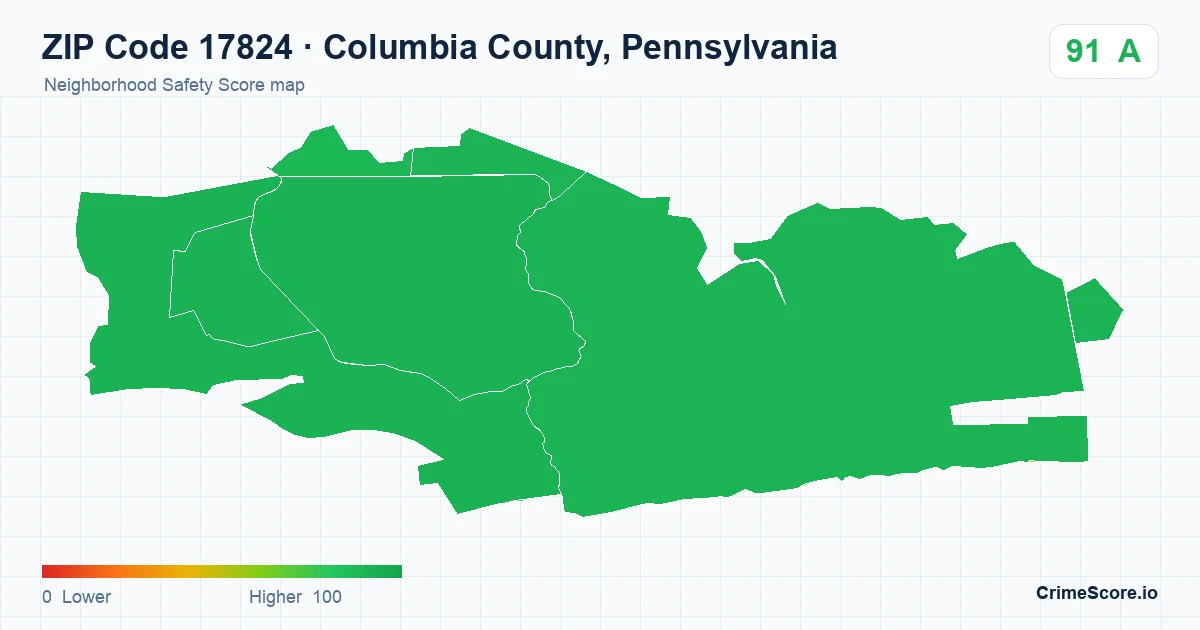 ZIP Code 17824 in Columbia County, Pennsylvania neighborhood Safety Score map