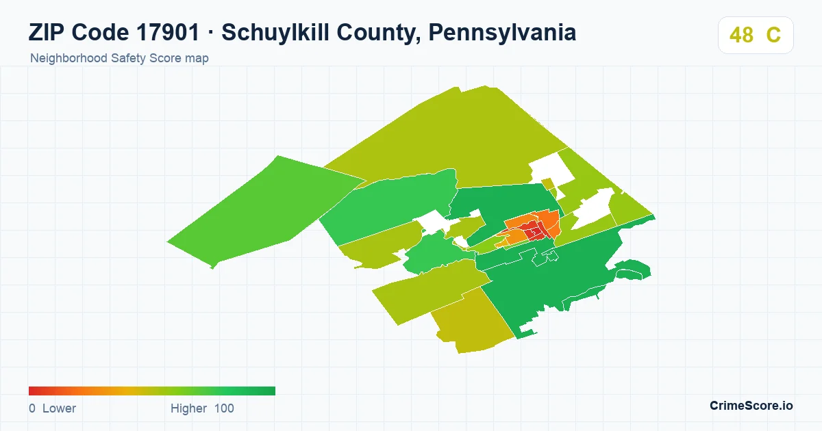 ZIP Code 17901 in Schuylkill County, Pennsylvania neighborhood Safety Score map