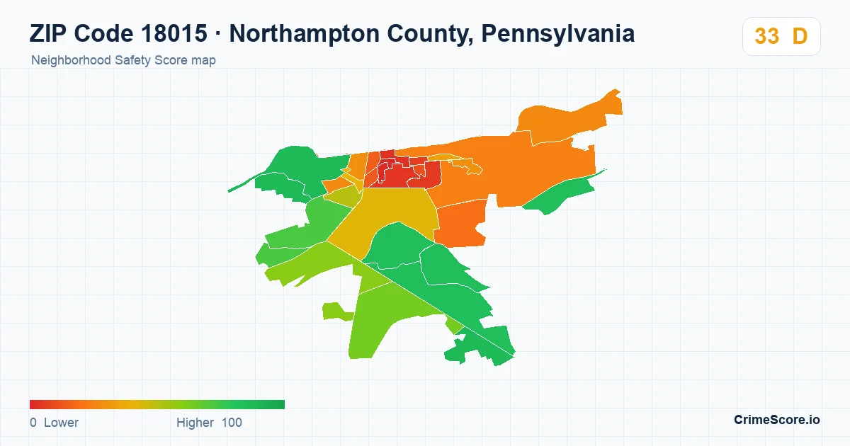 ZIP Code 18015 in Northampton County, Pennsylvania neighborhood Safety Score map