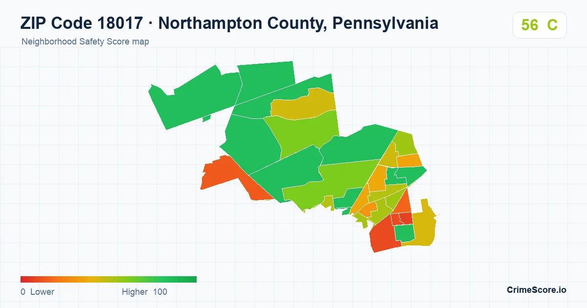 ZIP Code 18017 in Northampton County, Pennsylvania neighborhood Safety Score map