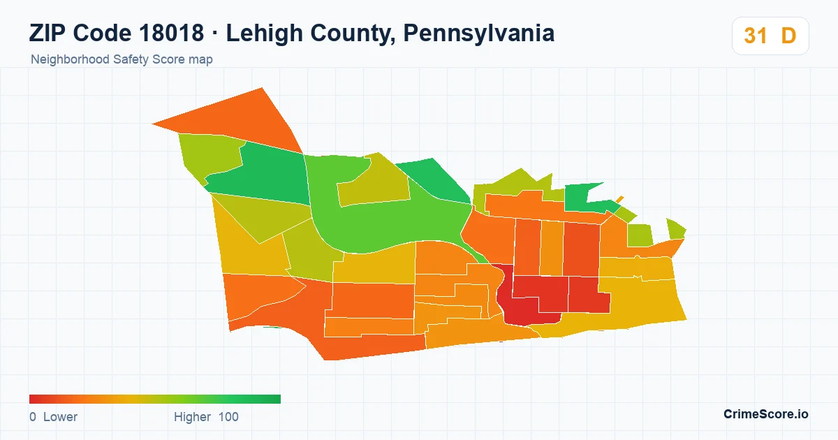 ZIP Code 18018 in Lehigh County, Pennsylvania neighborhood Safety Score map