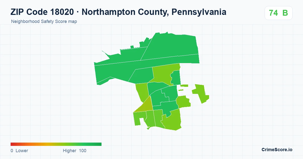 ZIP Code 18020 in Northampton County, Pennsylvania neighborhood Safety Score map