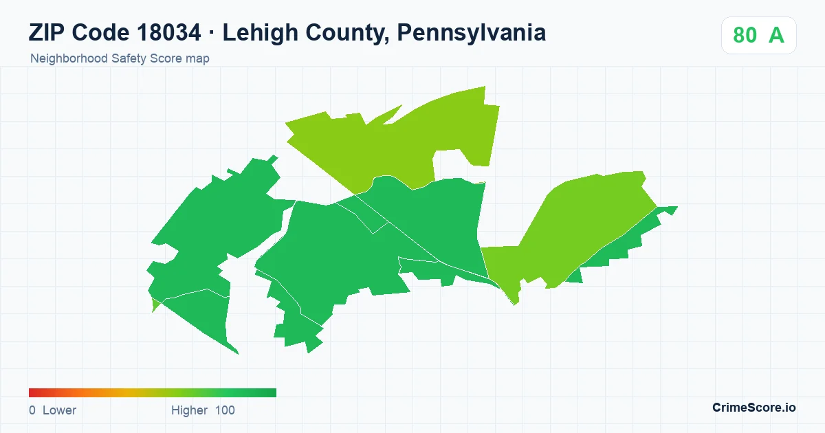 ZIP Code 18034 in Lehigh County, Pennsylvania neighborhood Safety Score map