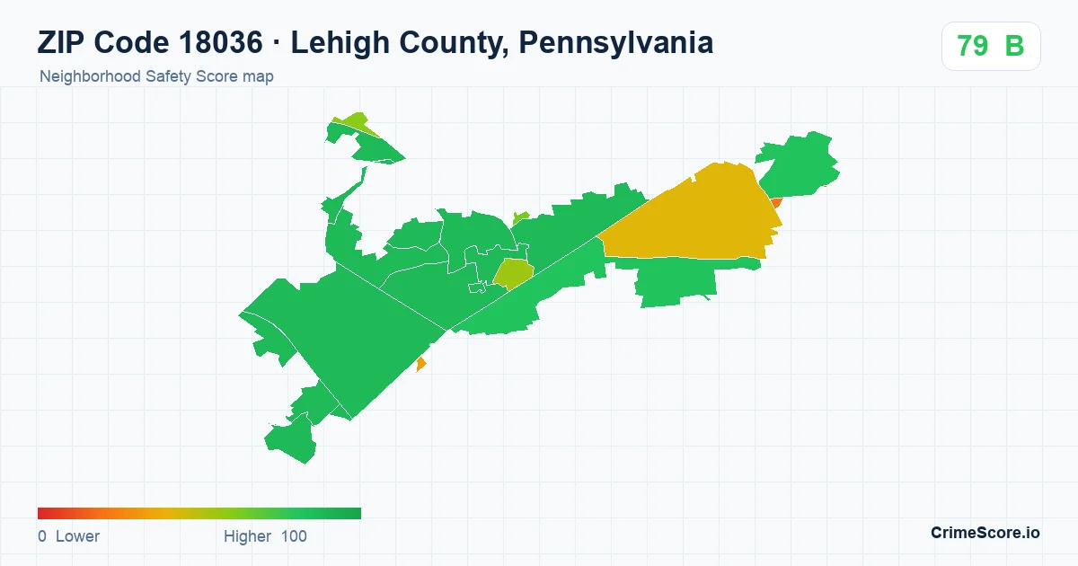 ZIP Code 18036 in Lehigh County, Pennsylvania neighborhood Safety Score map