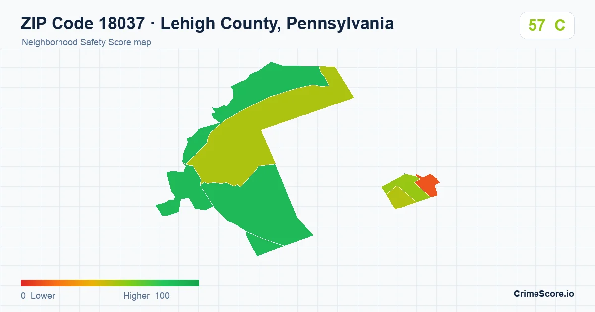 ZIP Code 18037 in Lehigh County, Pennsylvania neighborhood Safety Score map