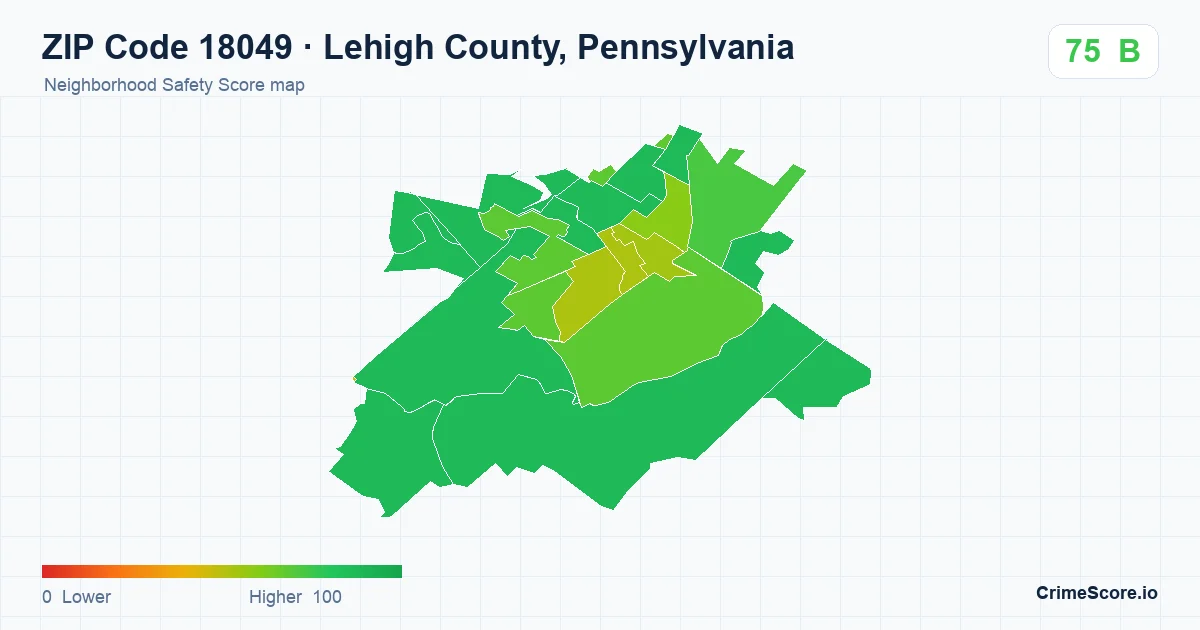ZIP Code 18049 in Lehigh County, Pennsylvania neighborhood Safety Score map
